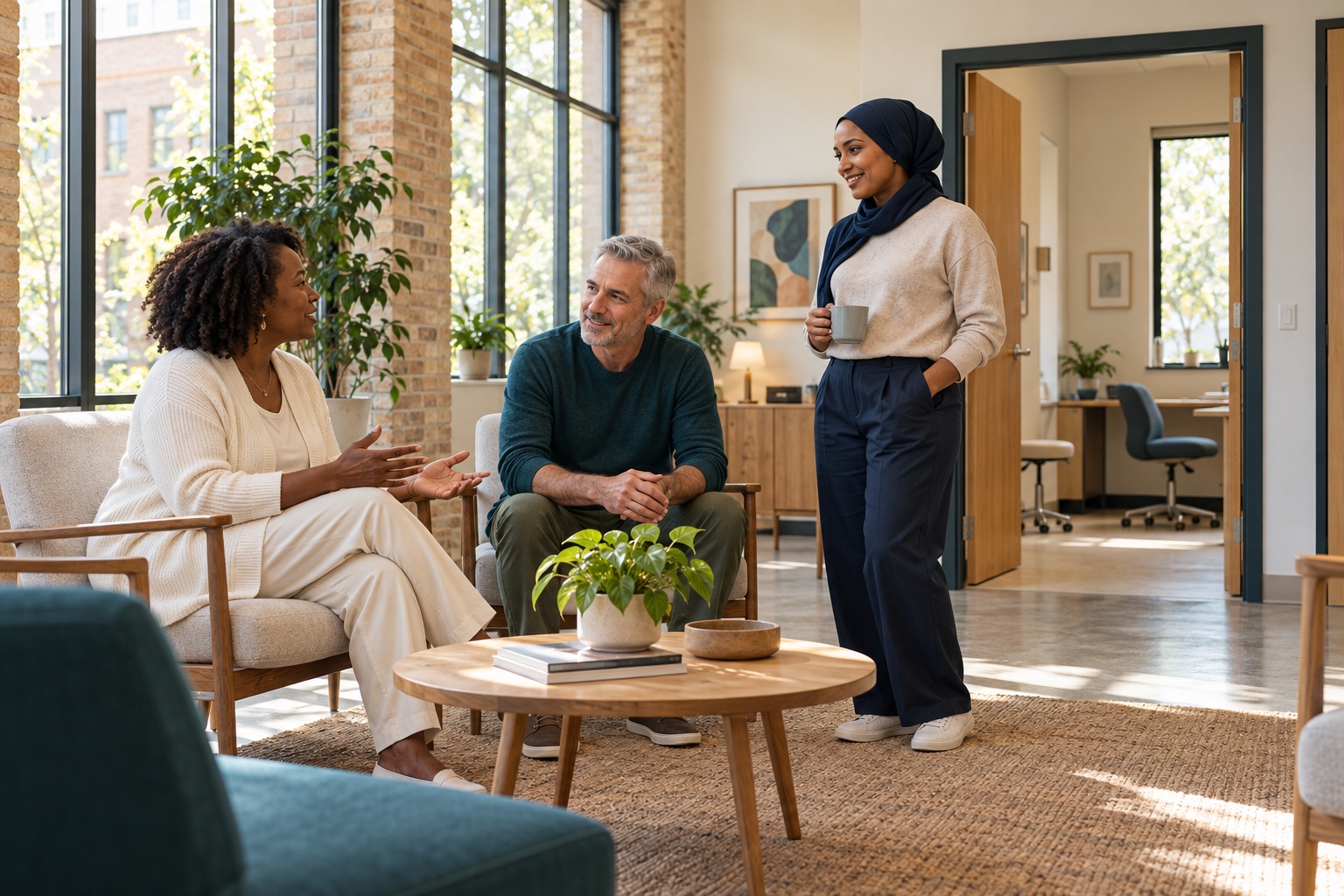 The fictional Larkspur Community Practice team, Amara Okafor, Walter Hughes and Leila Haddad, in a consultation space.