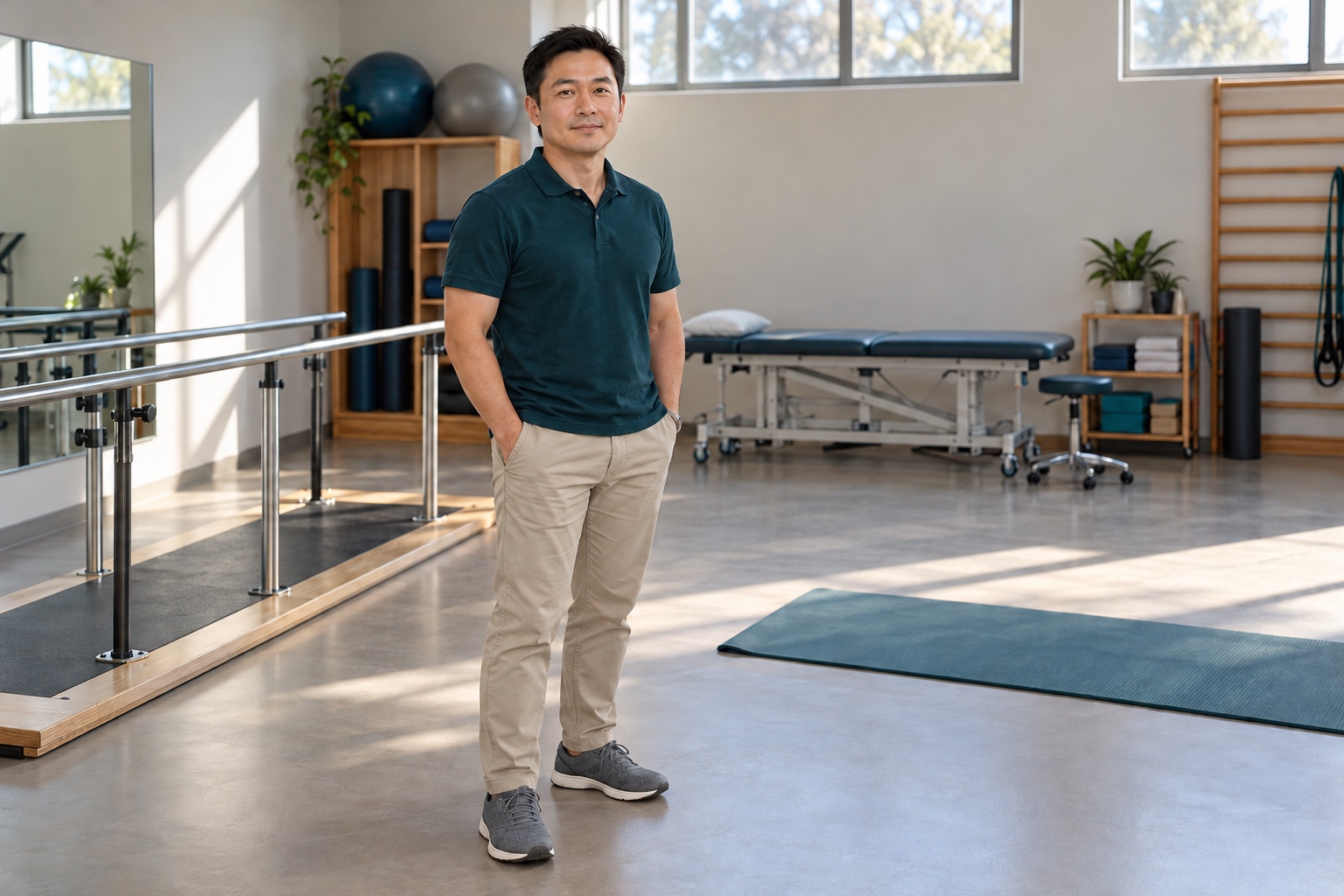 Daniel Cho, a fictional physical therapist, in a movement-practice room.